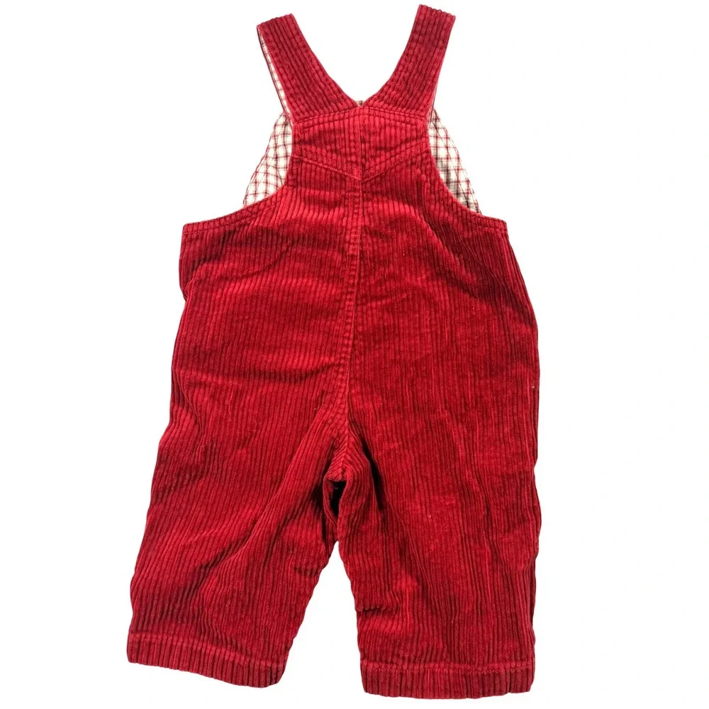 Gymboree Corduroy Overalls Baby Boy 6-12M Red Cotton Plaid Lined Vintage Penguin